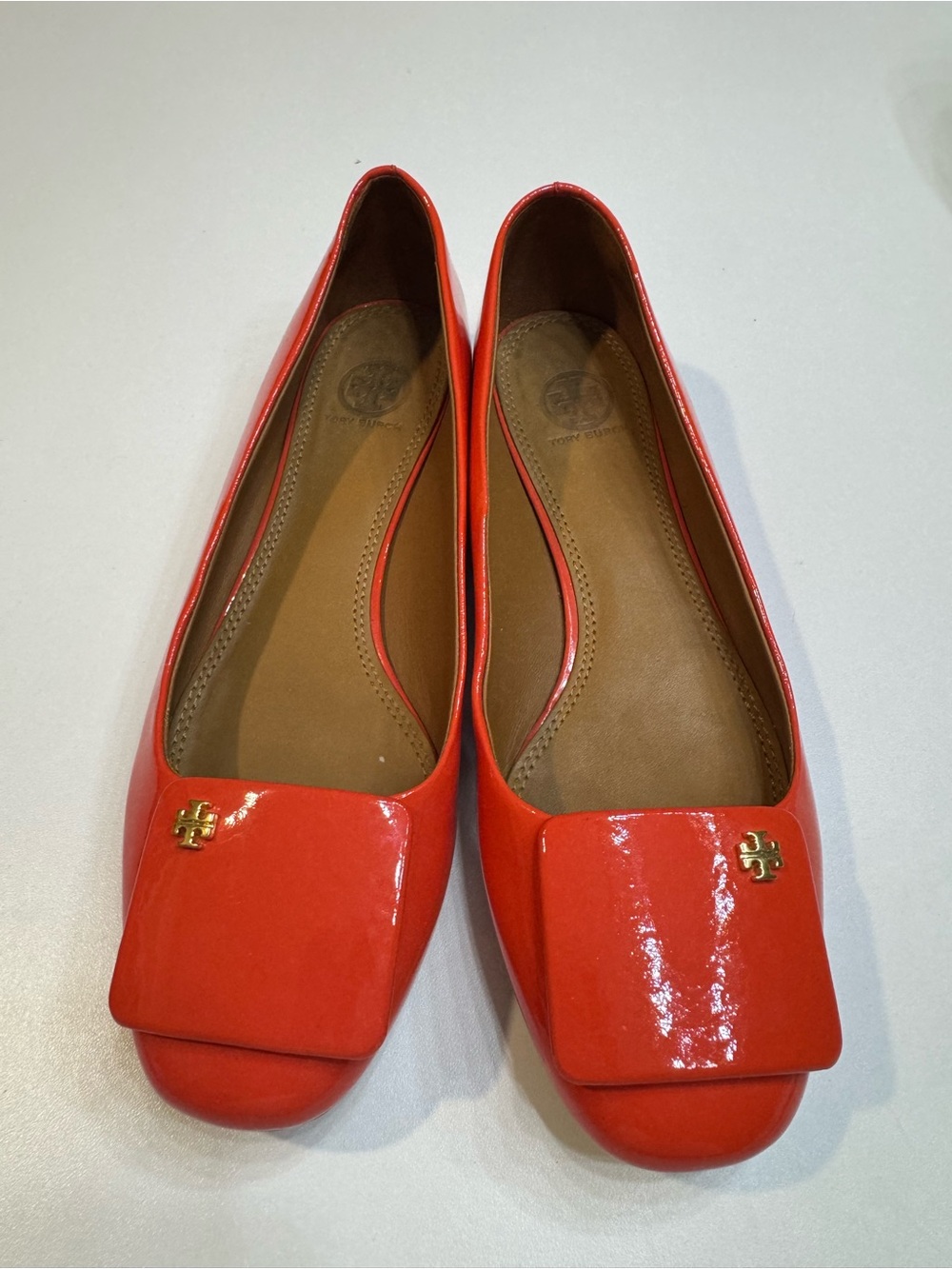 Tory Burch Coral Patent Leather Square-Toe Flats with Gold Logo